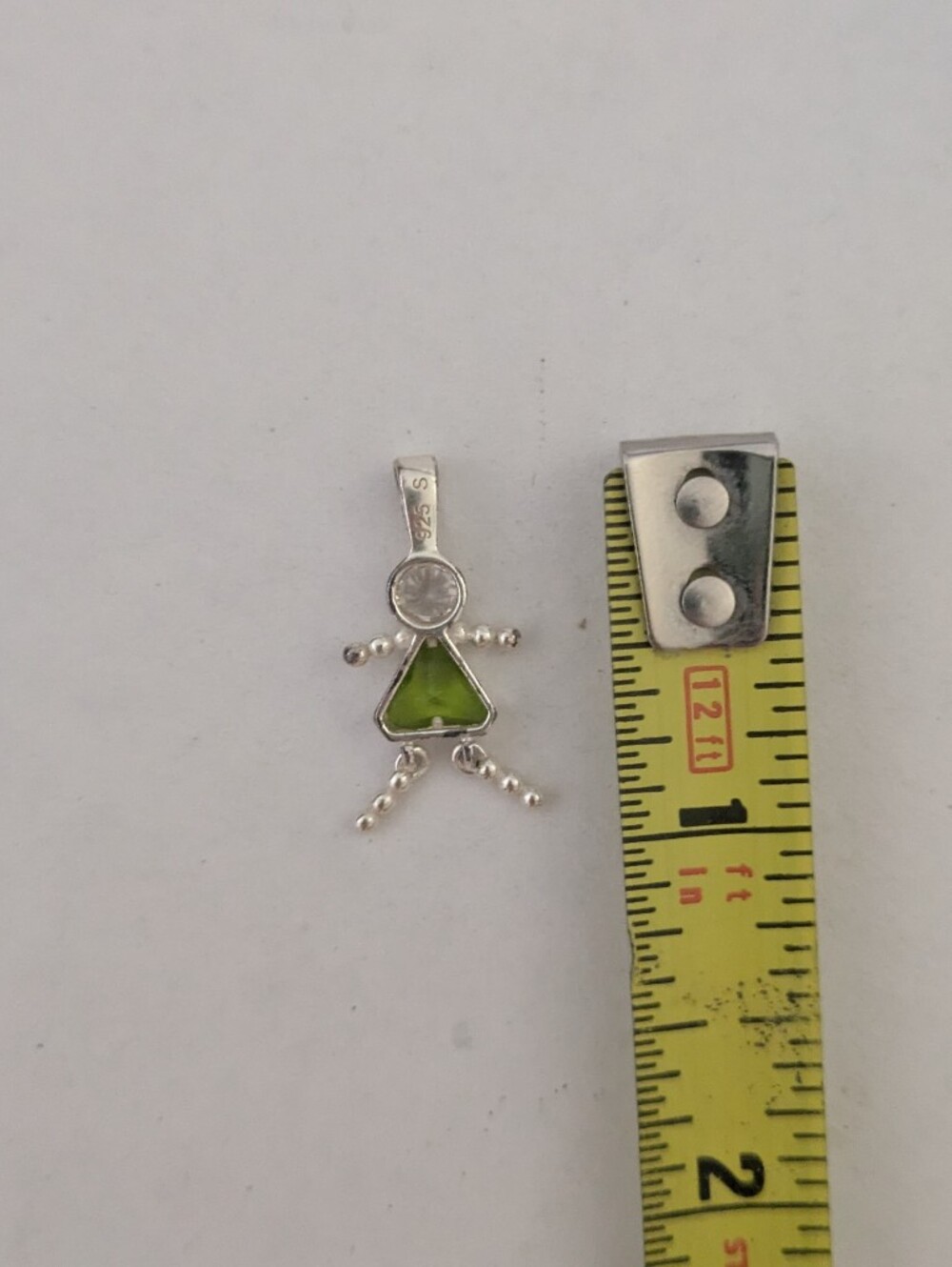 Sterling Silver Little Girl Pendant Charm Articulated Green Trillion Stone 925